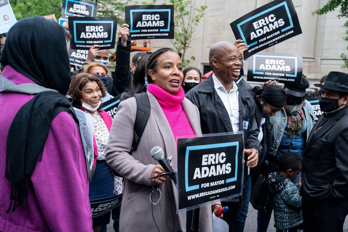 Laurie Cumbo speaks at a rally for then-mayoral candidate Eric Adams in May 2021 Photo by lev radin / Alamy Stock Photo