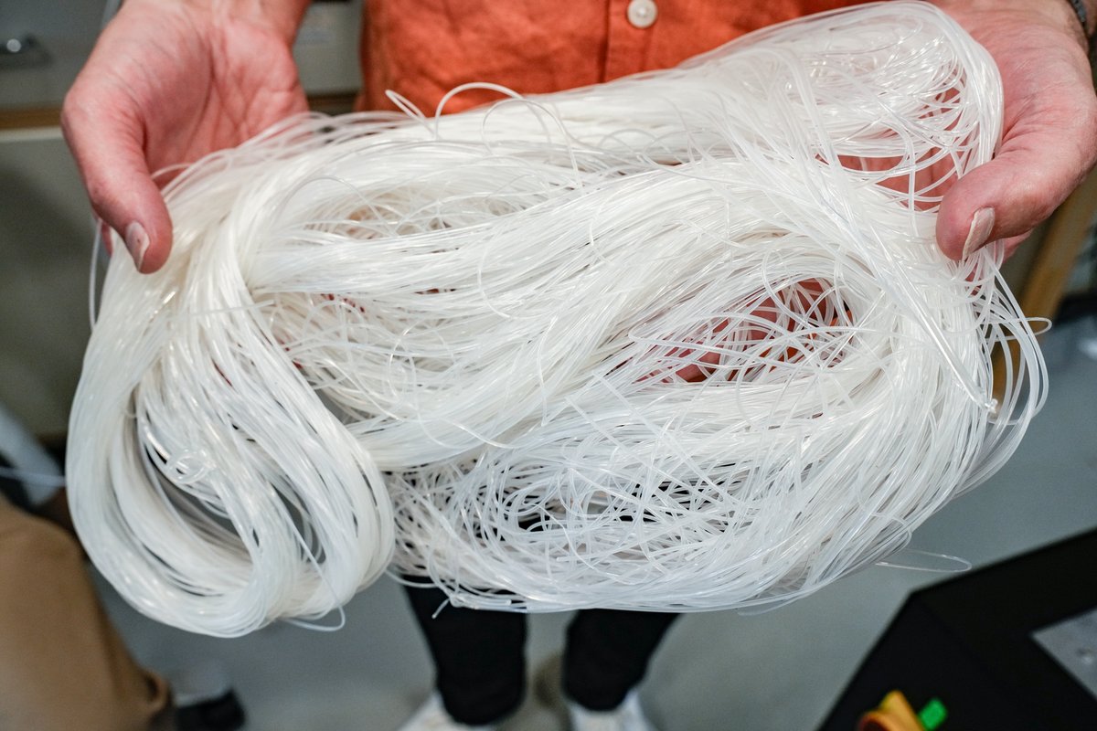 The new solvent-free, spaghetti-like version of Beva 371 Akron before it gets trimmed into pellets and packaged for distribution Photo: Nita L. Roberts