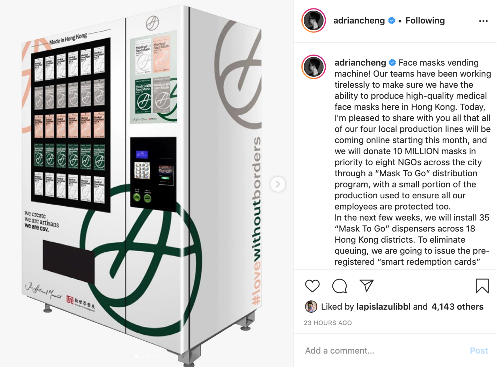Adrian Cheng announced the vending machines distributing face masks on Instagram yesterday Courtesy of Instagram/Adrian Cheng