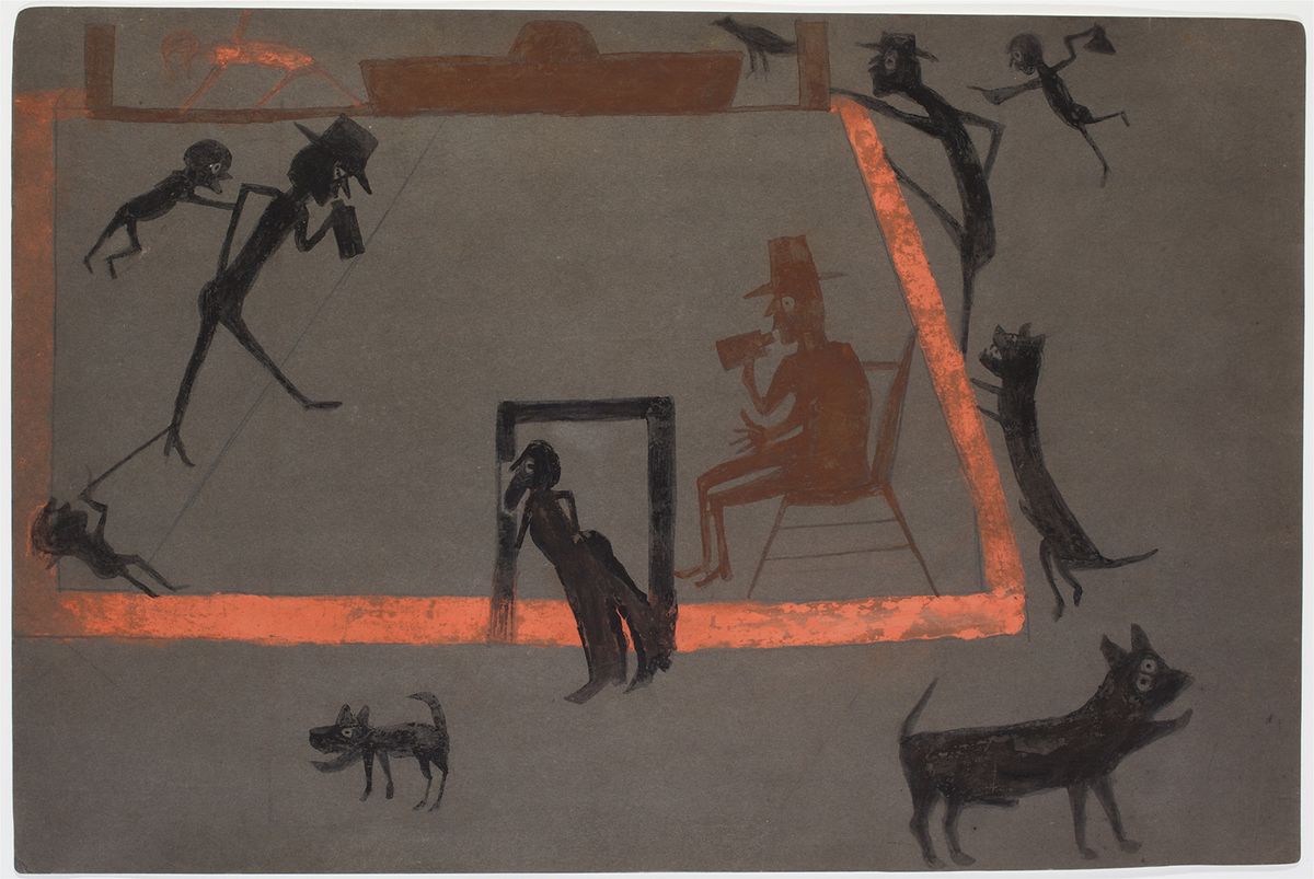 Bill Traylor, Men Drinking, Boys Tormenting, Dogs Barking, (around 1939-1942) Collection of Jill and Sheldon Bonovitz, Promised Gift to the Philadelphia Museum of Art