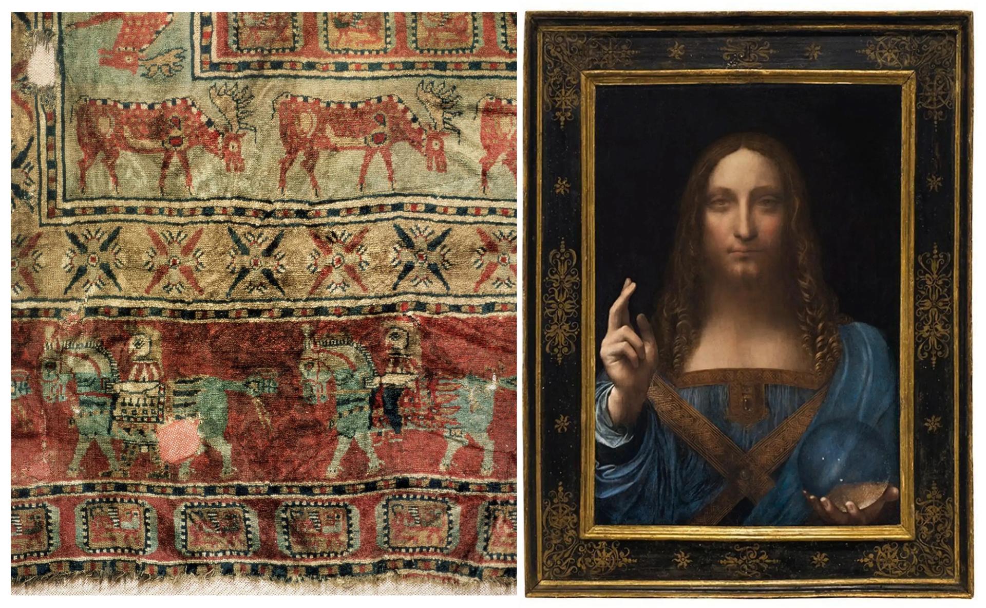 A detail from the Pazyryk rug (left), one of the oldest carpets in the world, dating from around the 4th–3rd centuries BC, in the collection of the Hermitage Museum, St Petersburg. A shared expertise in historic carpets gave the respected carpet dealer Michael Franses an entrée to offer the Salvator Mundi (right) to the museum's director, Mikhail Piotrovsky State Hermitage Museum, St Petersburg. Album/Alamy Stock Photo