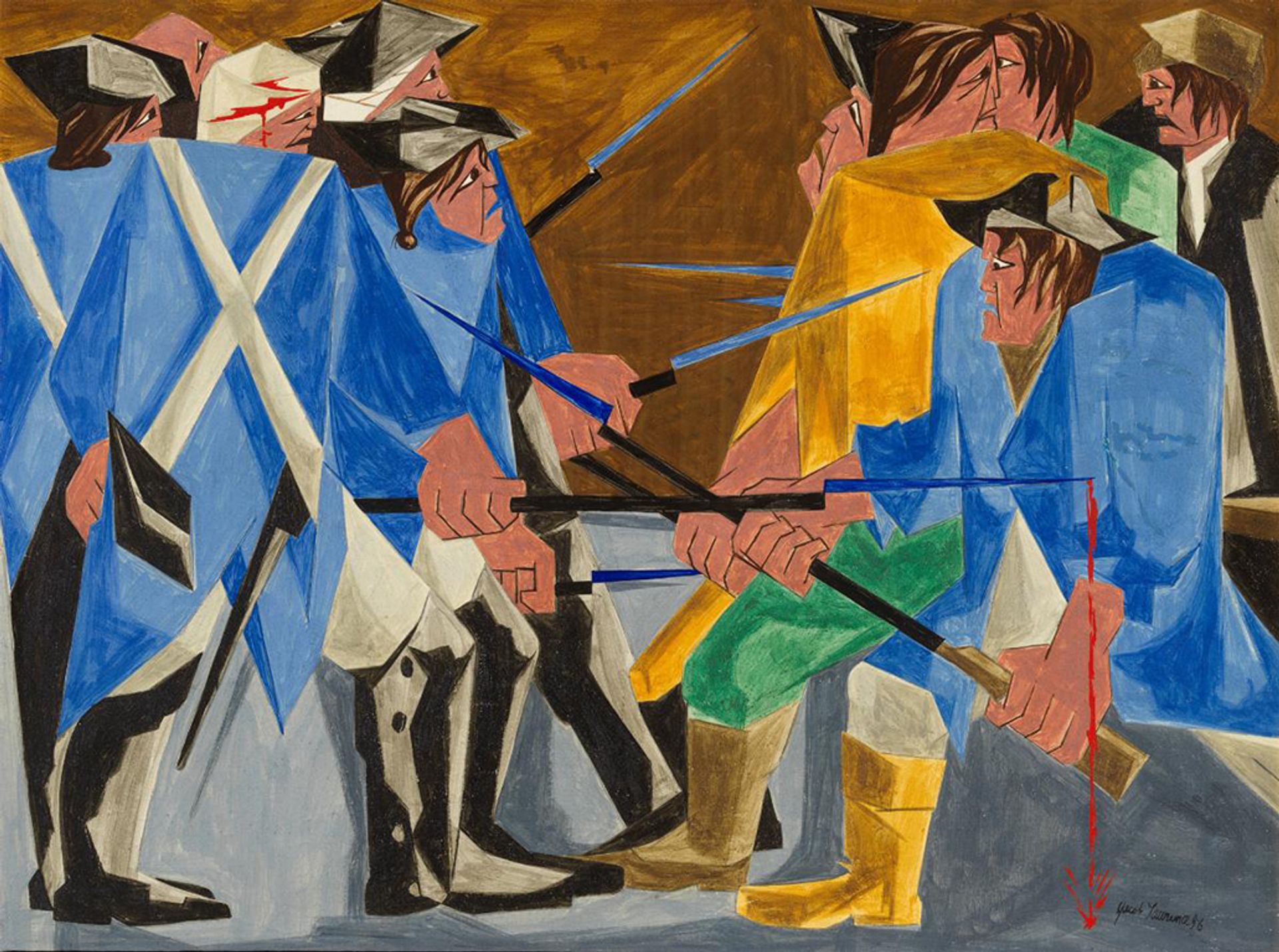 Jacob Lawrence, There are combustibles in every State, which a spark might set fire to.—Washington, 26 December 1786, a 1956 work in egg tempera on hardboard from the series Struggle: From the History of the American People © The Jacob and Gwendolyn Knight Lawrence Foundation, Seattle/Artists Rights Society (ARS), New York. Photo by Anna-Marie Kellen