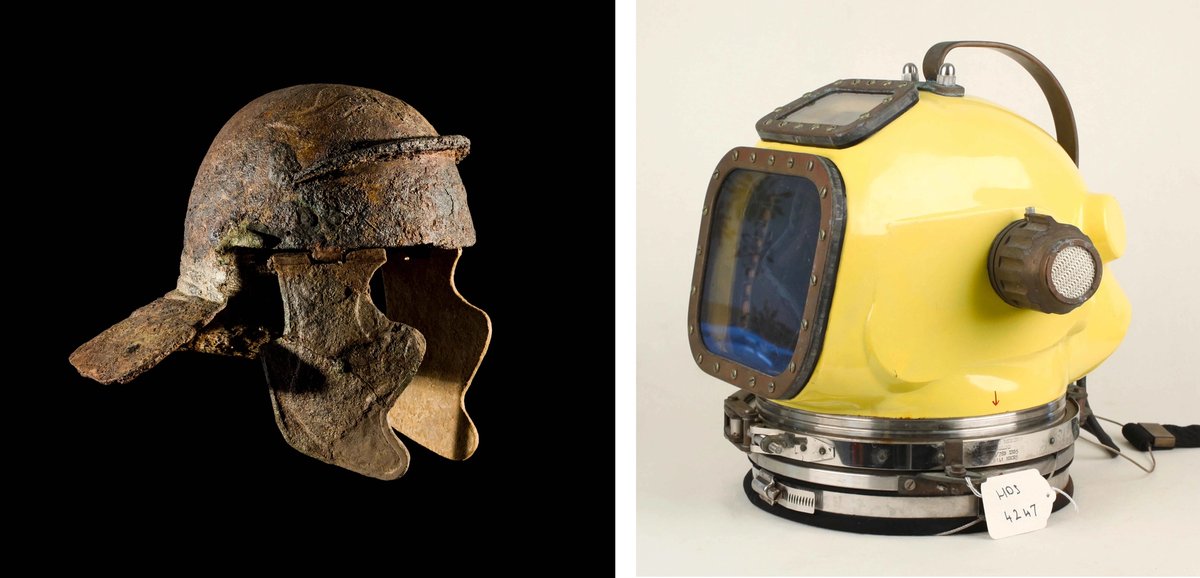 A Roman legionary helmet from Amgueddfa Cymru (Museum Wales) and an early diving helmet from the Diving Museum in Gosport
Roman helmet: © Amgueddfa Cymru Museum Wales. Diving helmet: Courtesy of the Diving Museum