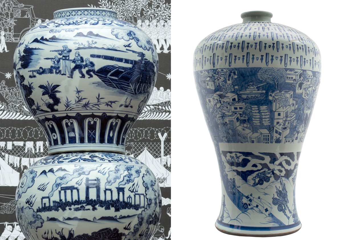 Left: a detail of Ai Weiwei's Vases with Refugee Motif as a Pillar (2017) and right: Raed Yassin's the Battle for Tal al-Zaatar, from the China series (2012) Ai: courtesy of Ai Weiwei Studio. Yassin: courtesy of the artist