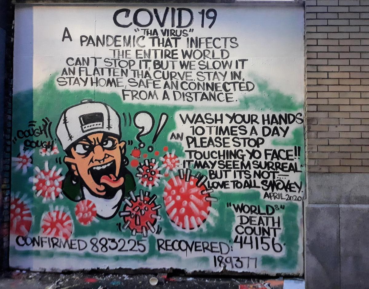 A new mural by Smokey Devil, aka James Hardy, a neighbourhood street artist who for 20 years has been documenting the ravages of drug addiction in the Downtown Eastside neighbourhood through vivid, graphic murals that are part pop art, part public service announcements