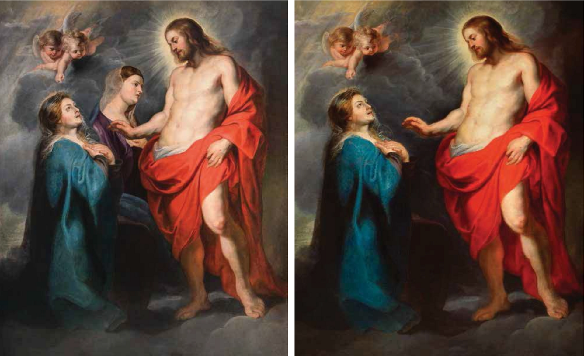 The resurrected Christ appears to his mother (around 1612-16) by Peter Paul Rubens, before the 2015 restoration with just one Madonna (right) and after restoration with both Madonnas shown (left). Photos: Carabinieri Tutela Patrimonio Culturale