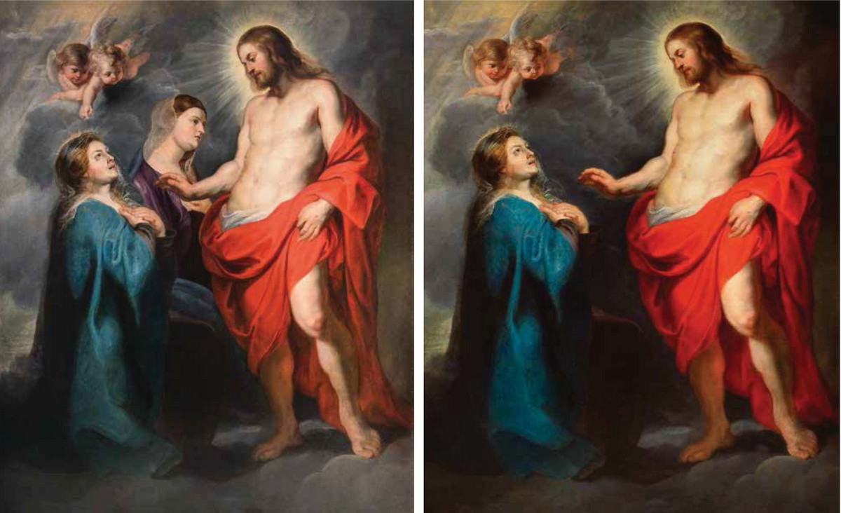 The resurrected Christ appears to his mother (around 1612-16) by Peter Paul Rubens, before the 2015 restoration with just one Madonna (right) and after restoration with both Madonnas shown (left). Photos: Carabinieri Tutela Patrimonio Culturale