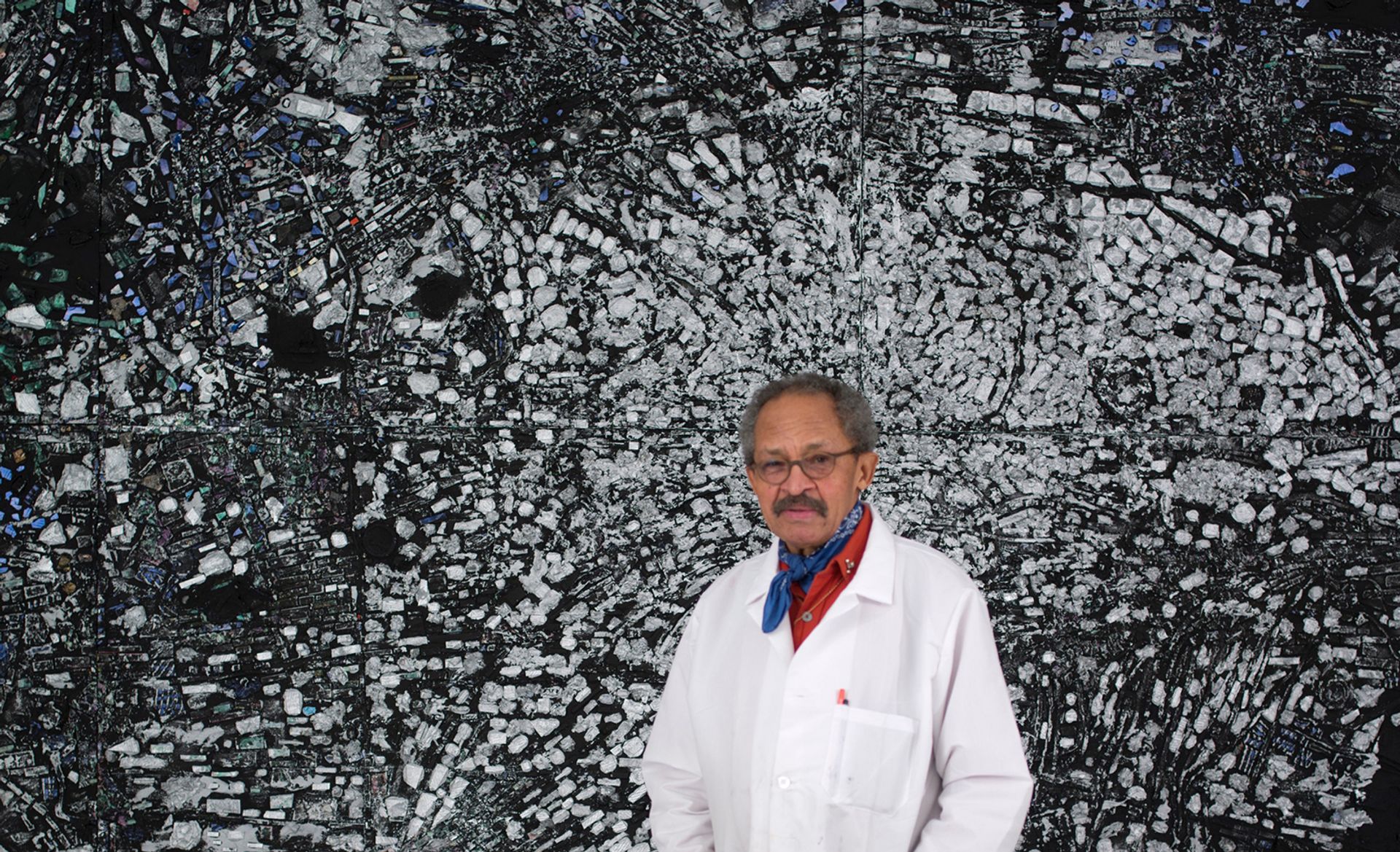 Jack Whitten in front of his painting  Atopolis: For Édouard Glissant (2014) Photo: John Berens