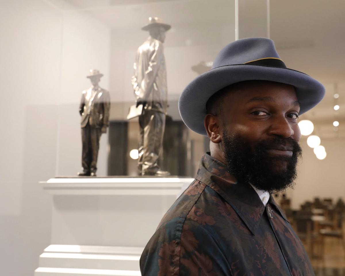 Samson Kambalu with a maquette of Antelope (Fourth Plinth)
photo: James O Jenkins