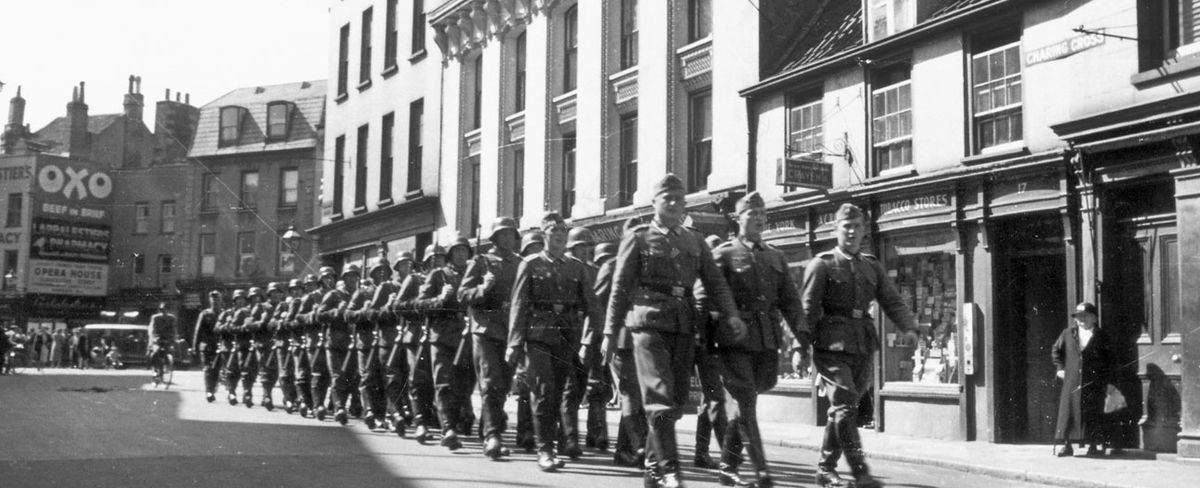 German soldiers marching through the Jersey capital of Saint Helier (Courtesy of the Société Jersiaise Photographic Archive) 
