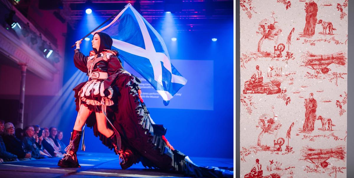 Left: A fashion show featuring work by ECA performance costume undergraduates. Right: A piece from The Flax Toile Wallpaper Collection by ECA textiles graduate Honey Hughes
Courtesy the artists