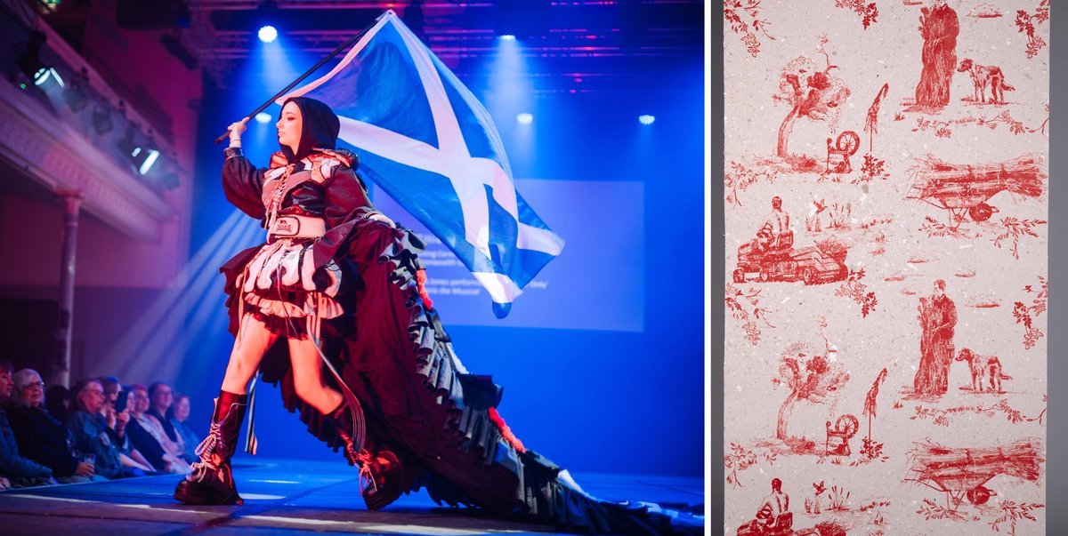 Left: A fashion show featuring work by ECA performance costume undergraduates. Right: A piece from The Flax Toile Wallpaper Collection by ECA textiles graduate Honey Hughes
Courtesy the artists
