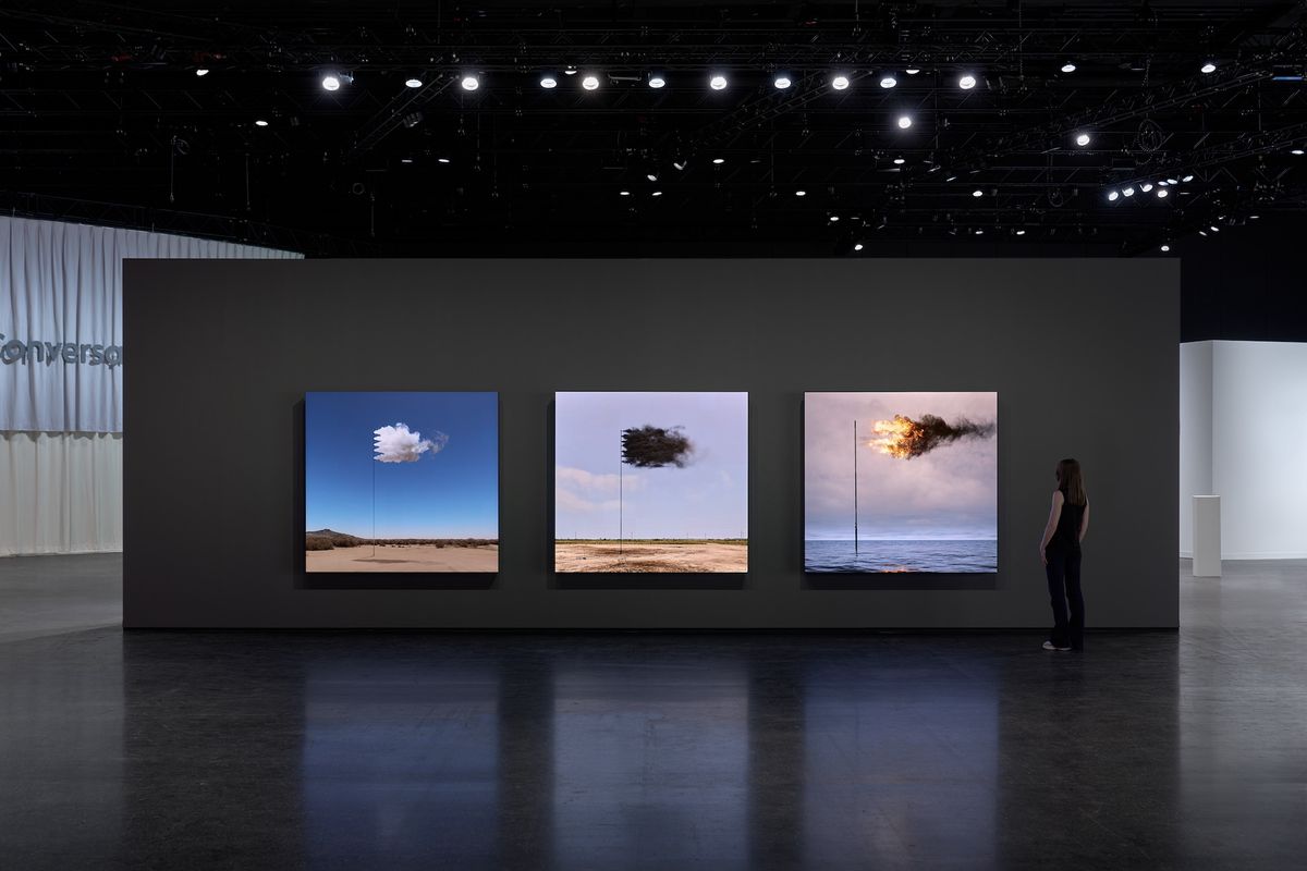 John Gerard's works (left to right) STANDARD (2023), Western Flag (Spindletop, Texas) (2017) and Flare (Oceania) (2022) on display at Fellowship's stand in Zero 10 at Art Basel Photo by Reece Straw, courtesy Fellowship