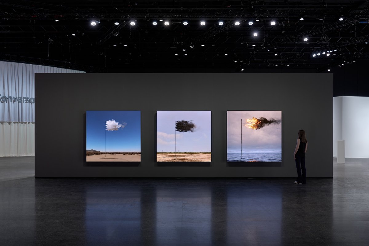 John Gerard's works (left to right) STANDARD (2023), Western Flag (Spindletop, Texas) (2017) and Flare (Oceania) (2022) on display at Fellowship's stand in Zero 10 at Art Basel Photo by Reece Straw, courtesy Fellowship