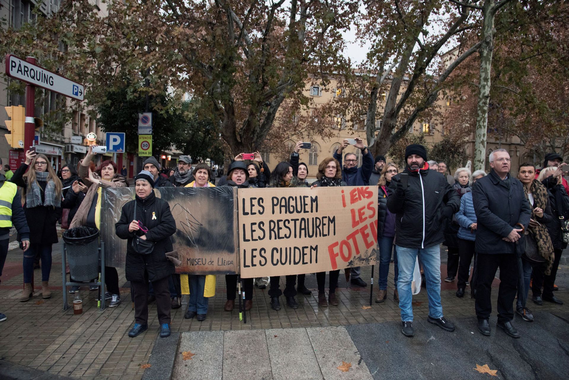 Spanish demonstrators protest outside of the Lleida Museum, in Lleida, Catalonia, Spain,  on 11 December 2017 ADRIAN ROPERO/EPA-EFE/REX/Shutterstock