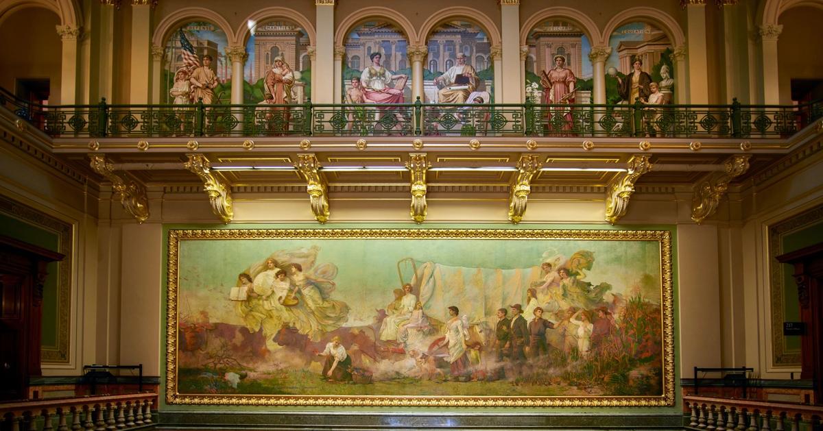 The mural Westward, at the Iowa State Capitol in Des Moines, by Edwin H. Blashfield, depicts the migration of white settlers Photographs in the Carol M. Highsmith Archive, Library of Congress, Prints and Photographs Division