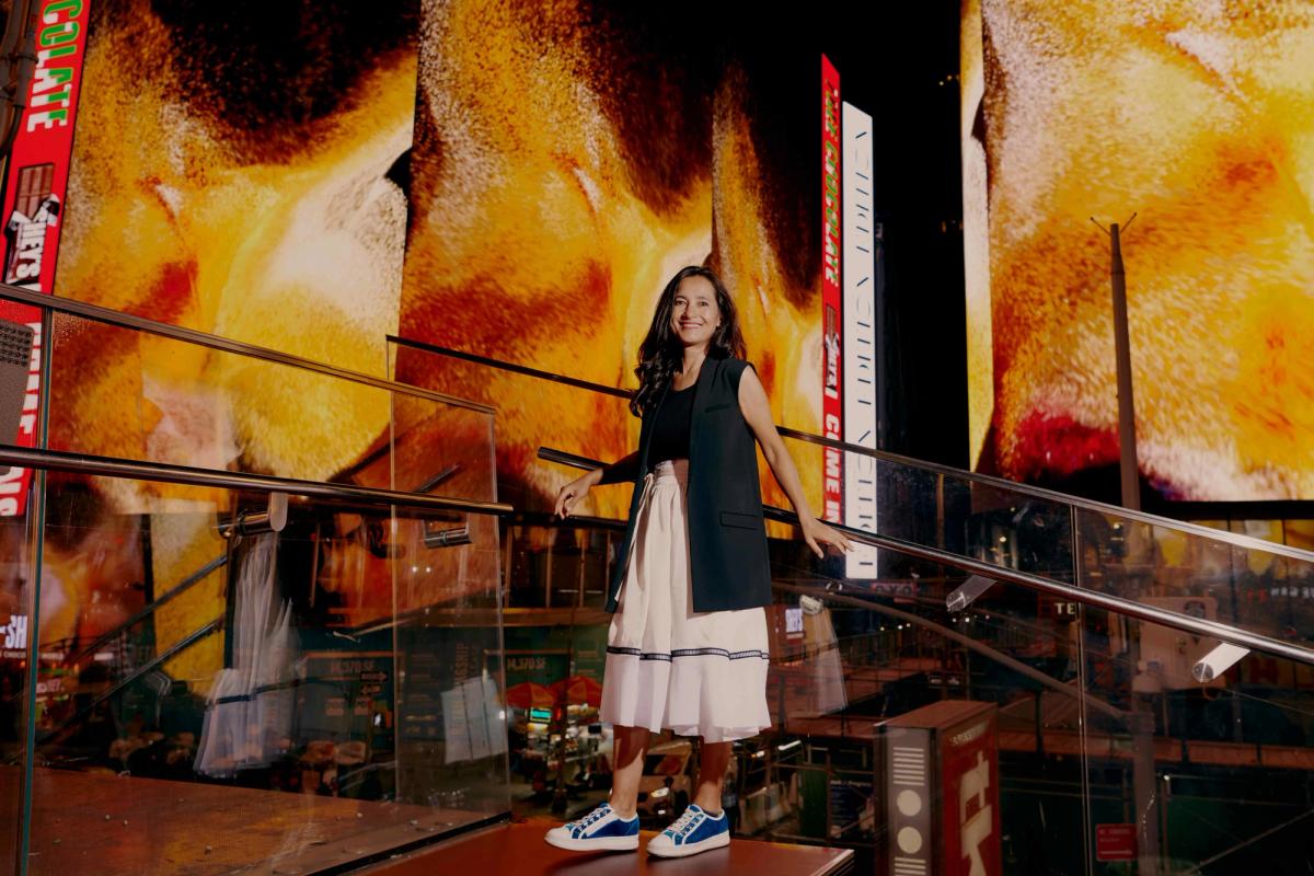 Shahzia Sikander with her Reckoning, displayed as part of Times Square’s Midnight Moment, in September 2023

Photo: Vincent Tullo