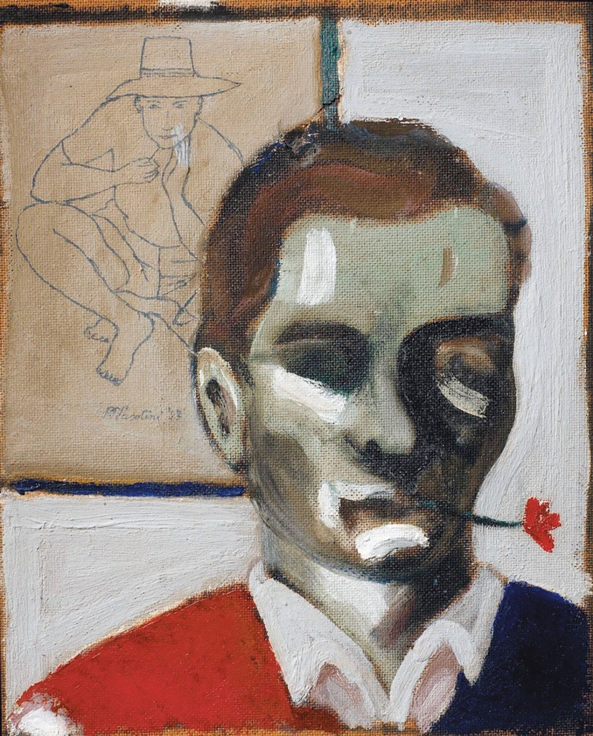 An intermittent painter: Pier Paolo Pasolini’s Self-portrait with flower in mouth (1947) © Gabinetto Scientifico Letterario G.P. Vieusseux; Florence. Courtesy Galleria d’Arte Moderna Rome