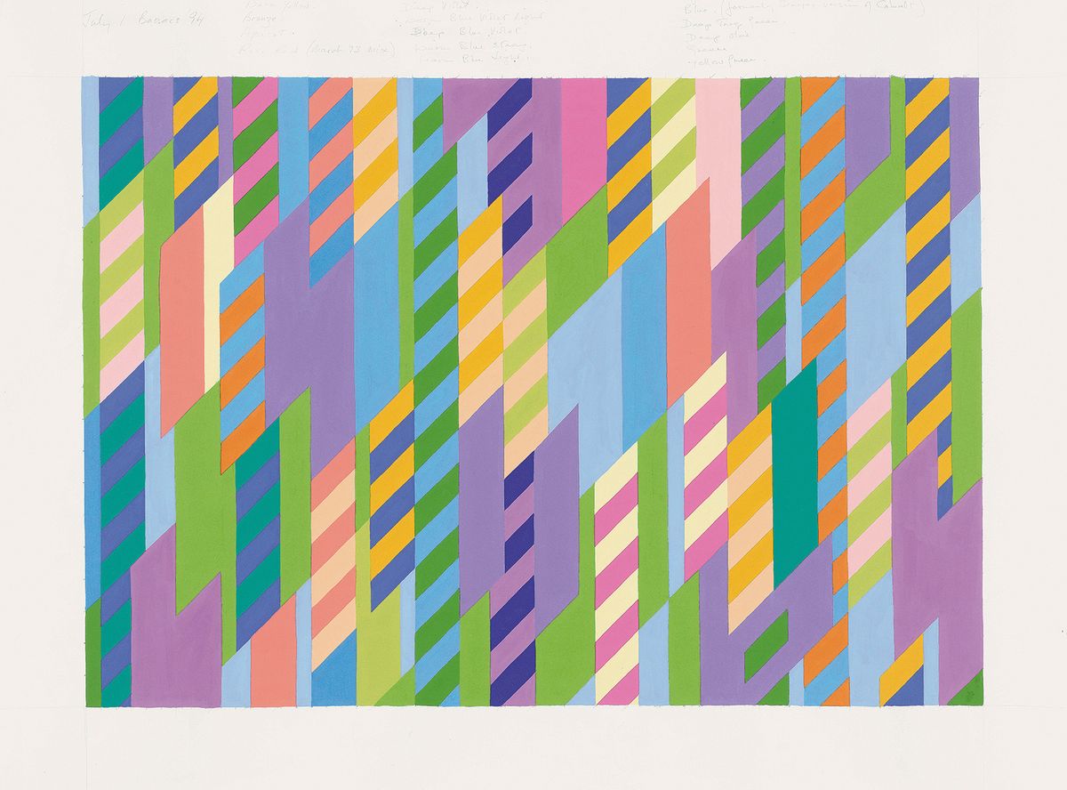Bridget Riley’s pencil-and-gouache July 1 Bassacs (1994) demonstrates the artist’s shift away from the diagonals and curves typical of her earlier work towards an exploration of the rhomboid  Pencil and gouache on paper. 27 × 35 7/8 in. (68.6 × 91.1 cm); collection of the artist; © Bridget Riley