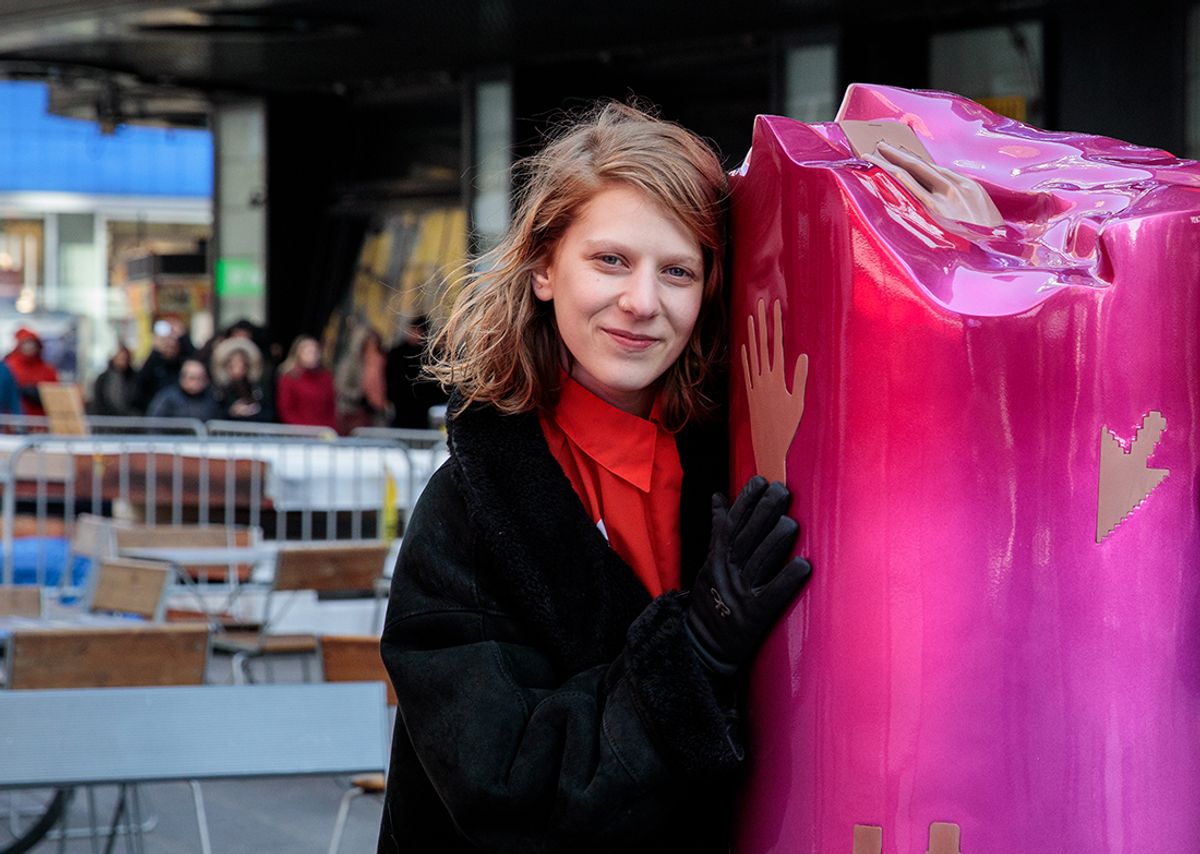 Devra Freelander with Eventual Artifact (2019), a work she made with Gracelee Lawrence that was displayed in Times Square Photo: Walter Wlodarczyk for Times Square Arts