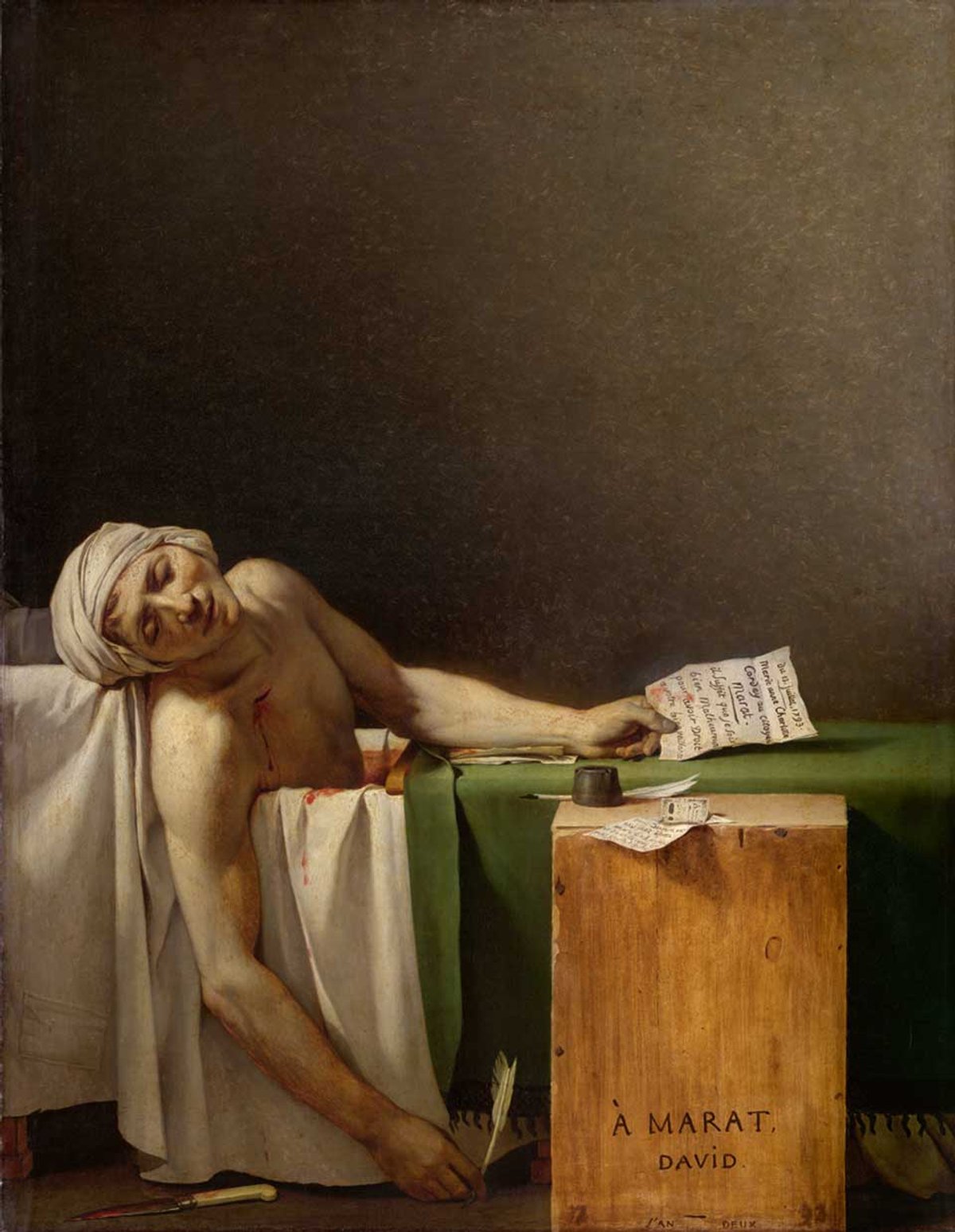 Jacques-Louis David’s evocative 1793 painting of a French revolutionary figure dead in his bath, The Death of Marat, is forensically examined in Thomas E. Crow’s book
Photo: J. Geleyns; © Musees Royaux des Beaux-Arts de Belgique