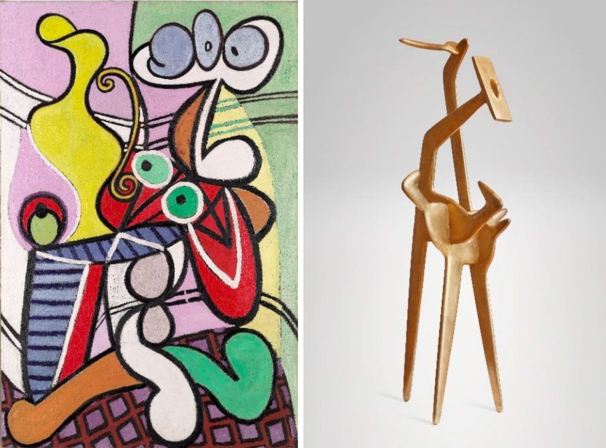 Pablo Picasso Large Still Life with Pedestal Table (Grande nature morte au guéridon) 1931 and Isamu Noguchi's Strange Bird (1945/1971) © GrandPalaisRmn (Musée national Picasso-Paris) / Adrien Didierjean © Succession Picasso 2024 and © The Isamu Noguchi Foundation and Garden Museum, New York; Photo: Kevin Noble; Image courtesy of M+, Hong Kong