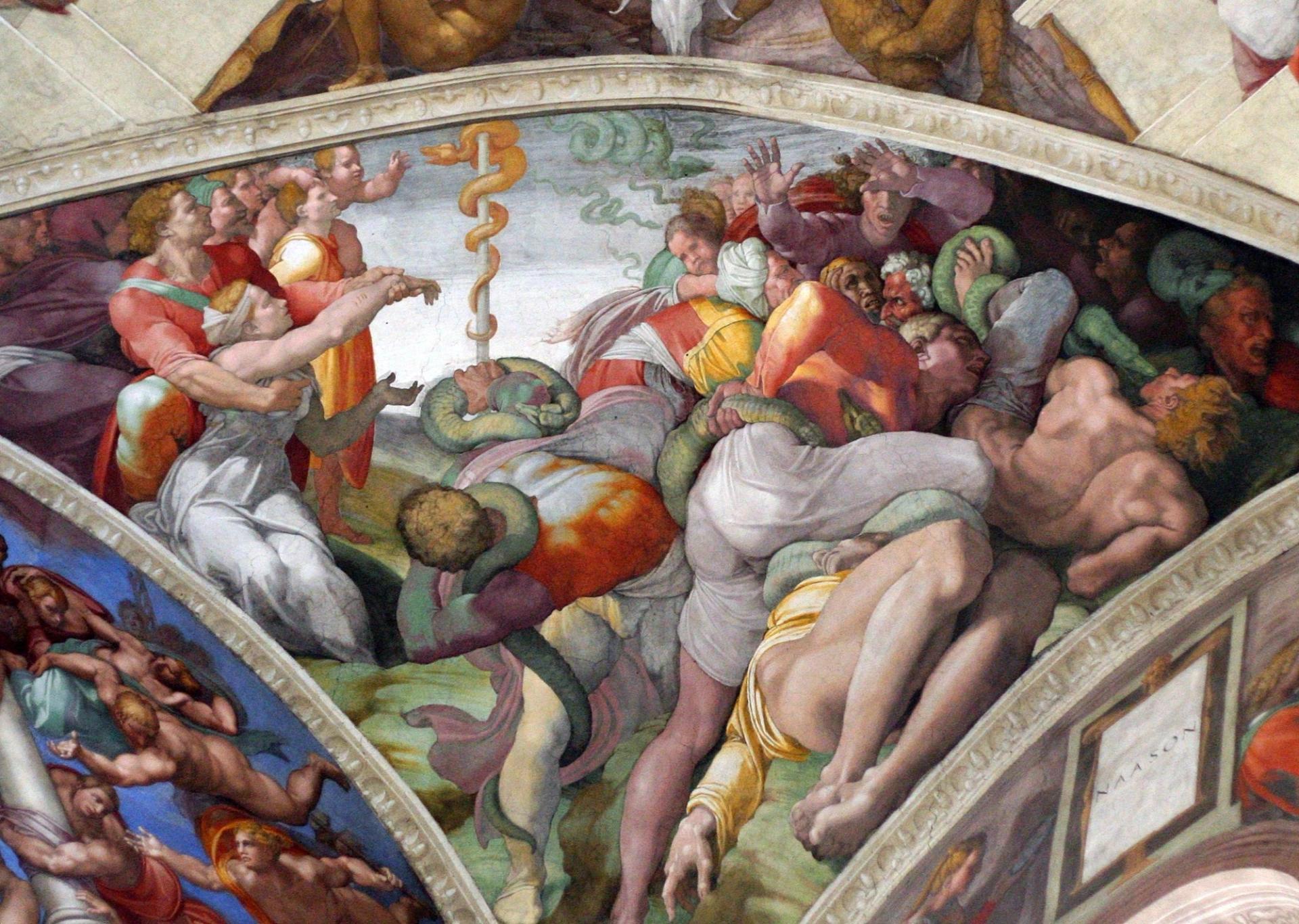 Michelangelo's Worship of the Brazen Serpent (1511) painted on the ceilings of the Sistine Chapel

Photo: Nyárlőrinczi Viktória via Wikimedia