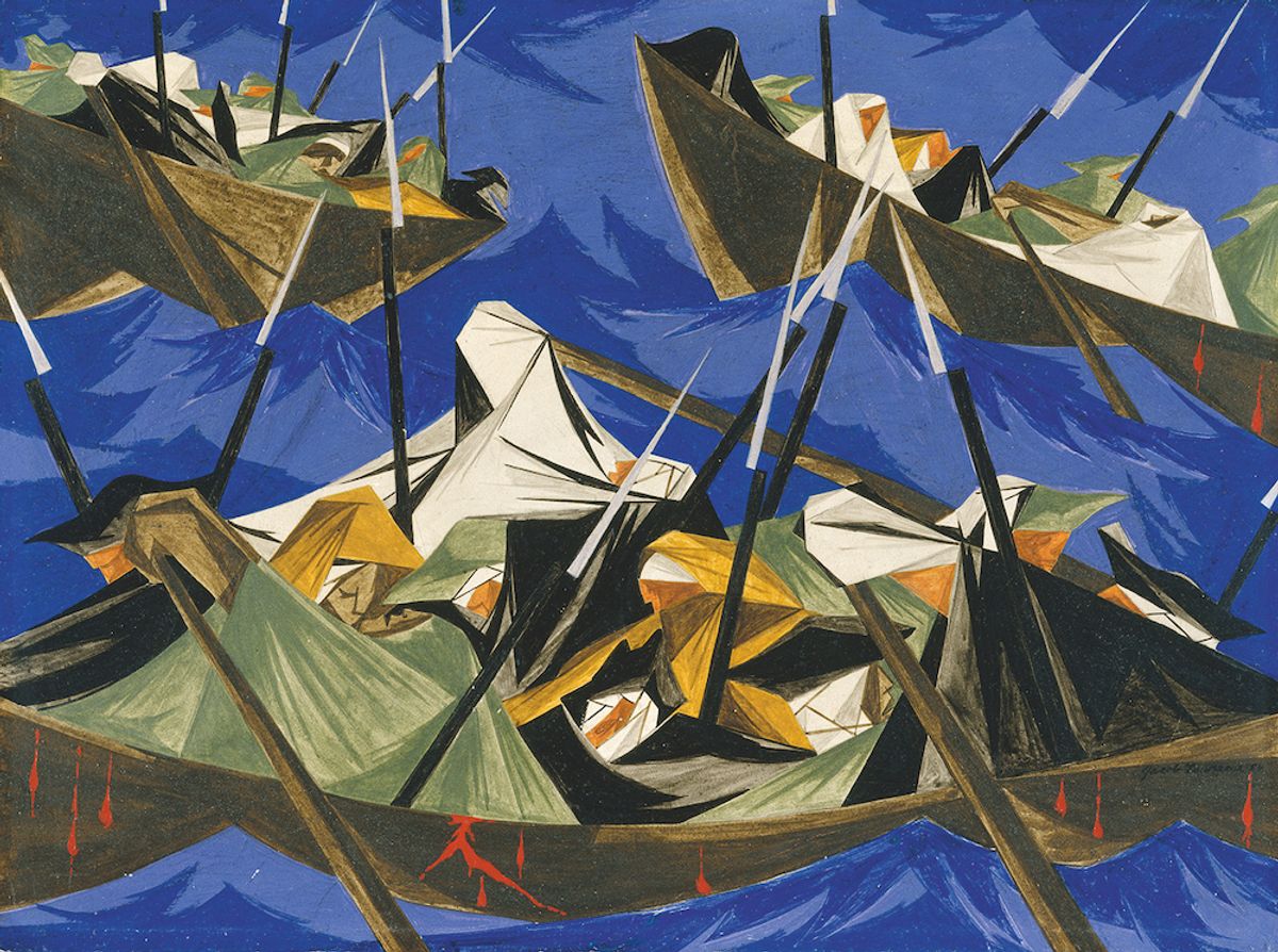 Jacob Lawrence, We crossed the River at McKonkey’s Ferry 9 miles above Trenton . . . the night was excessively severe . . . which the men bore without the least murmur . . . —Tench Tilghman, 27 December 1776 , Panel 10, 1954, from Struggle: From the History of the American People , 1954–56 © The Jacob and Gwendolyn Knight Lawrence Foundation, Seattle/Artists Rights Society (ARS), New York