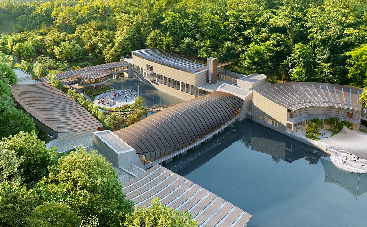 A rendering of an aerial view of an expanded Crystal Bridges Museum of American Art Courtesy of Safdie Architects