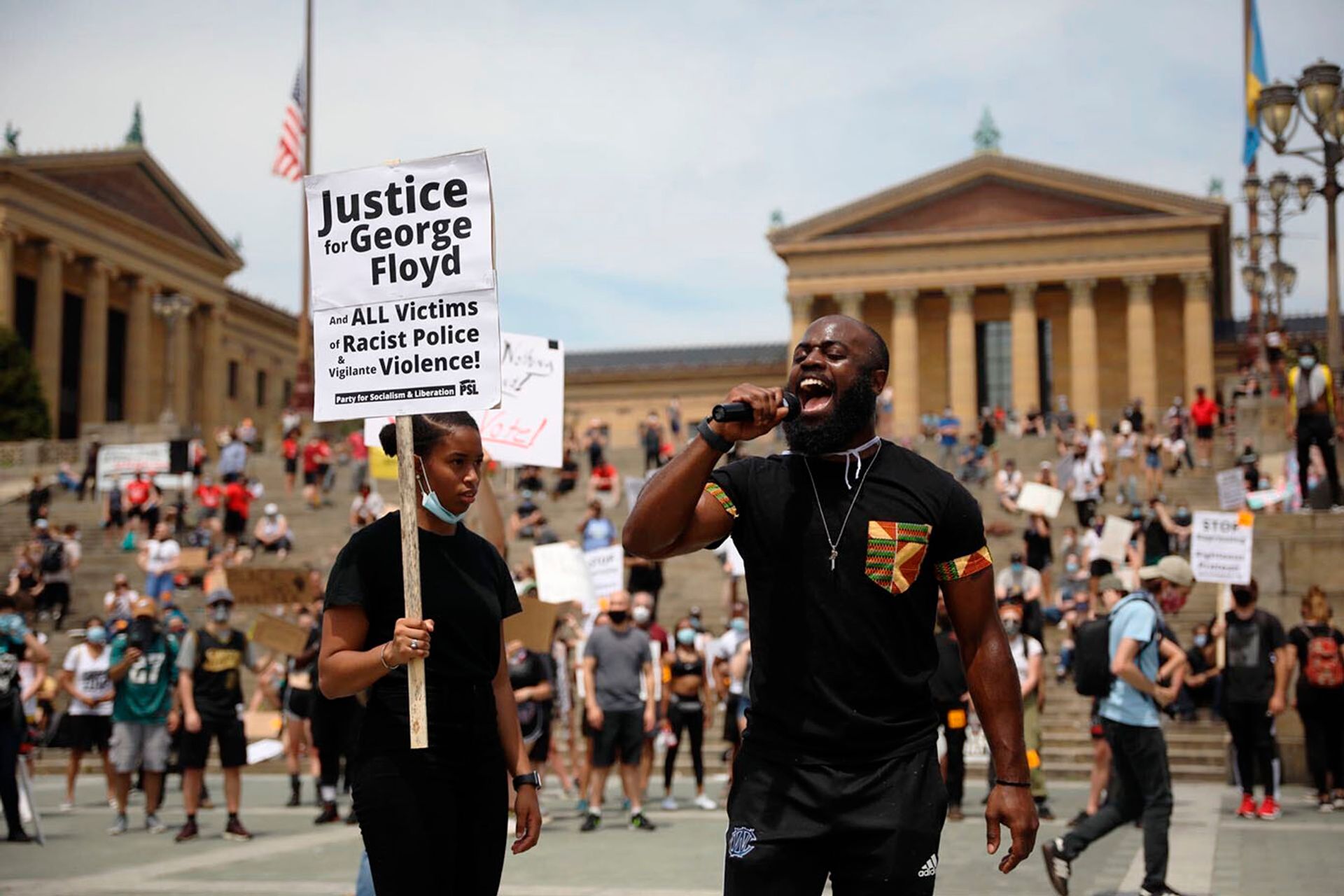 A protest at the Philadelphia Museum of Art over the weekend related to the national movement promoting racial justice. The museum meanwhile faces a union organising effort by its employees. Tyger Williams/The Philadelphia Inquirer via Associated Press