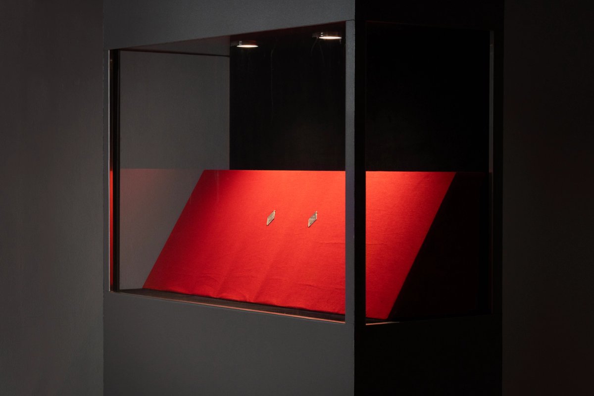 Installation view of Ilê Sartuzi's thesis exhibition, at Goldsmiths, University of London, with two fake coins presented in a museum display
Courtesy of the artist