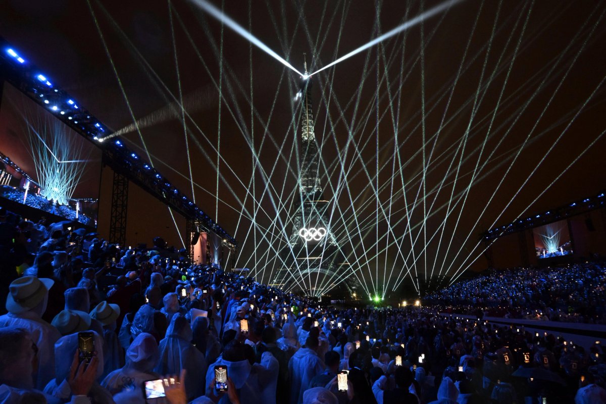 The Eiffel Tower is lit up during the Opening Ceremony of the Paris 2024 Olympics 
Photo: Associated Press / Alamy Stock Photo