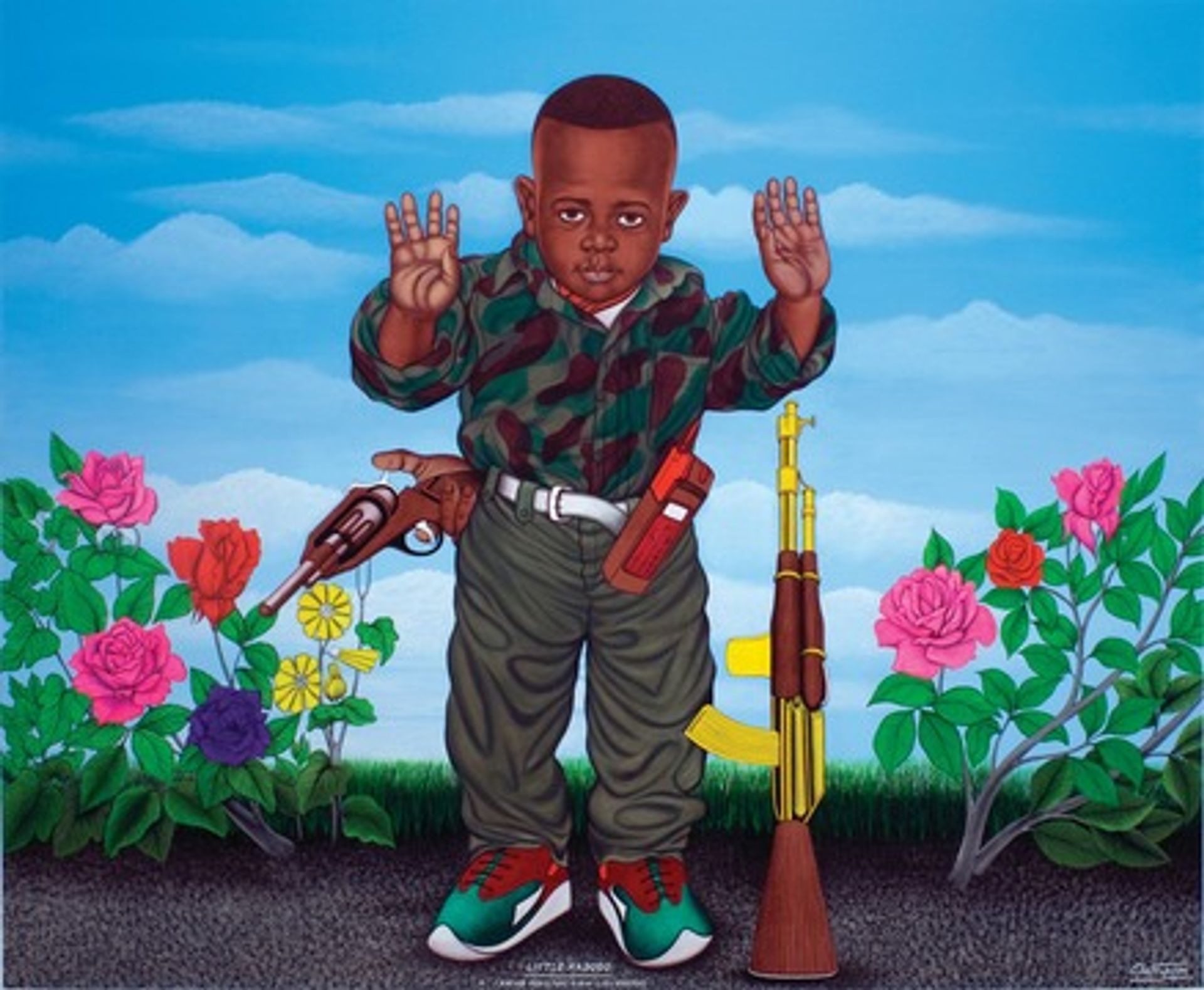 Chéri Samba’s painting Little Kadogo—I am for peace, that is why I like weapons (2004) (© Chéri Samba)