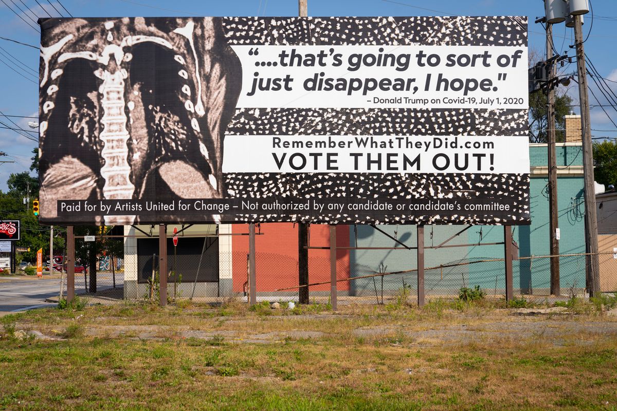 Nate Lewis, a former nurse who worked in a hospital ICU ward for nine years, chose to create a bold patterned piece around the phrase “Just disappear, I hope”—one of the US president’s cavalier remarks about the coronavirus at the start of the pandemic Photo: Bob Glick, courtesy of Artists United for Change