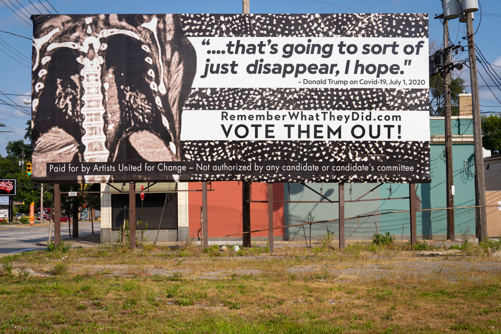Nate Lewis, a former nurse who worked in a hospital ICU ward for nine years, chose to create a bold patterned piece around the phrase “Just disappear, I hope”—one of the US president’s cavalier remarks about the coronavirus at the start of the pandemic Photo: Bob Glick, courtesy of Artists United for Change