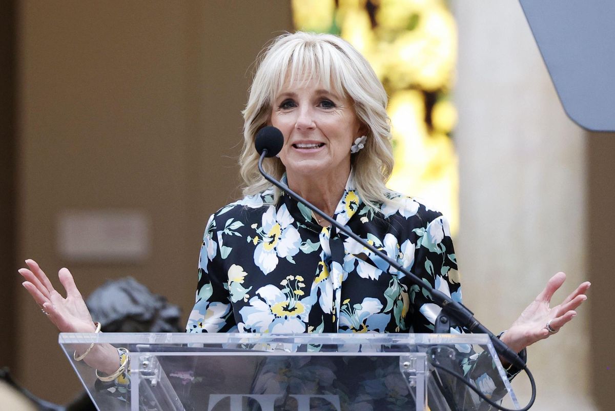 First Lady of the US Jill Biden speaks at the Metropolitan Museum of Art for a press preview of the Costume Institute exhibition In America: An Anthology of Fashion ahead of the Met Gala on 2 May 2022. Photo by John Angelillo/UPI/Alamy Stock Photo
