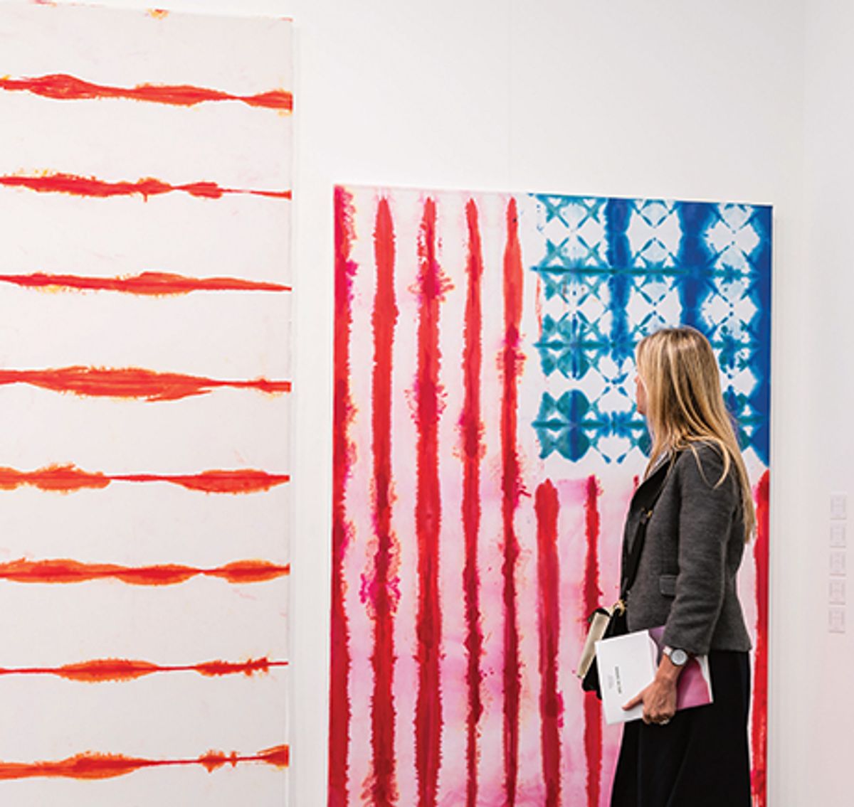 Not so star-spangled banner: In the aftermath of the UK’s withdrawal from the European Union, collectors from the US face additional bureaucratic challenges and costs, including those arising after value-added tax (VAT) concessions were abolished. Pictured: Italian gallery Massimo de Carlo’s stand at Frieze London in 2017, which included paintings by the Polish-American artist Piotr Uklański inspired by the the US flag Mark Blower; courtesy of Mark Blower/Frieze