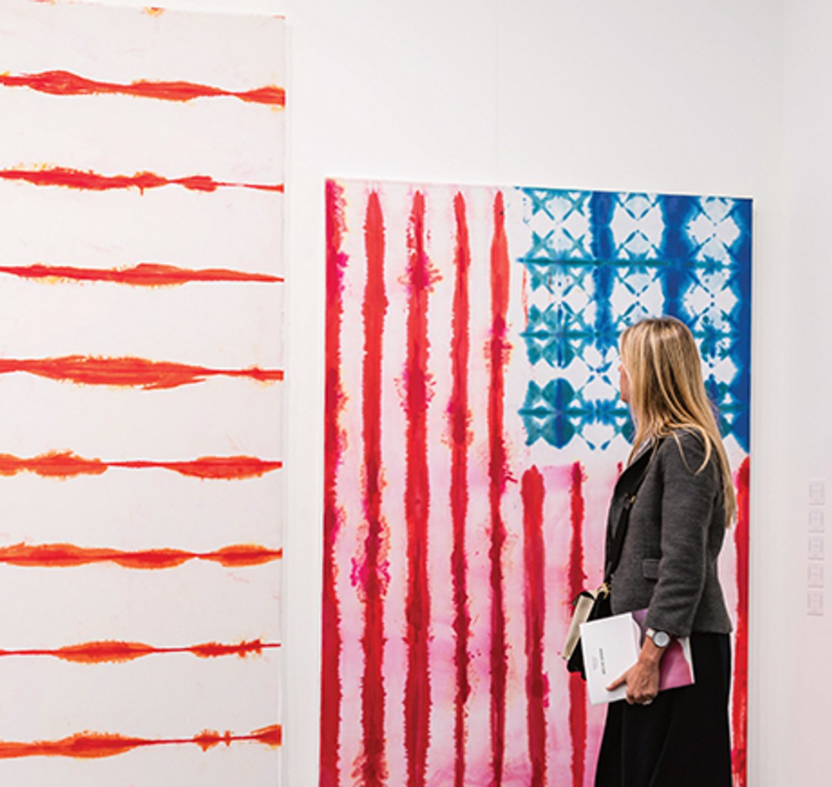 Not so star-spangled banner: In the aftermath of the UK’s withdrawal from the European Union, collectors from the US face additional bureaucratic challenges and costs, including those arising after value-added tax (VAT) concessions were abolished. Pictured: Italian gallery Massimo de Carlo’s stand at Frieze London in 2017, which included paintings by the Polish-American artist Piotr Uklański inspired by the the US flag Mark Blower; courtesy of Mark Blower/Frieze