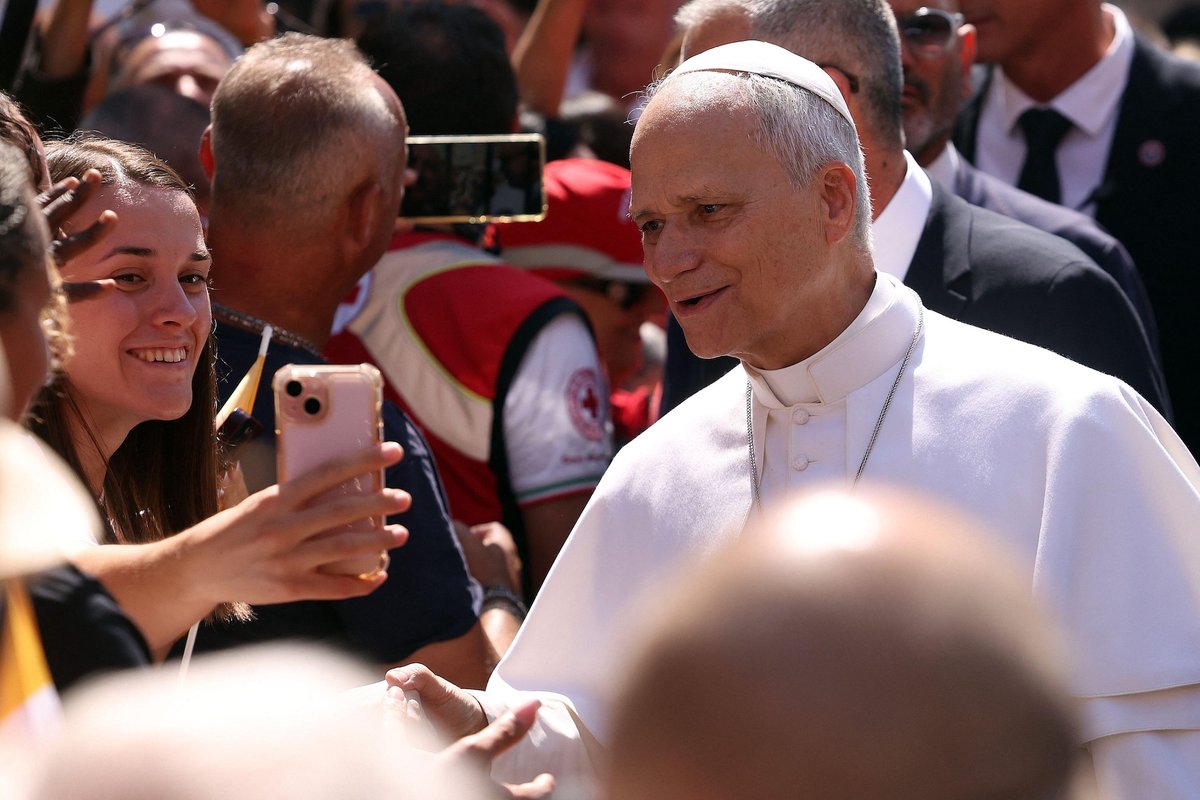 Pope Leo XIV greets attendees following a mass in Vatican City on 15 August 2026 Photo: Marco Iacobucci