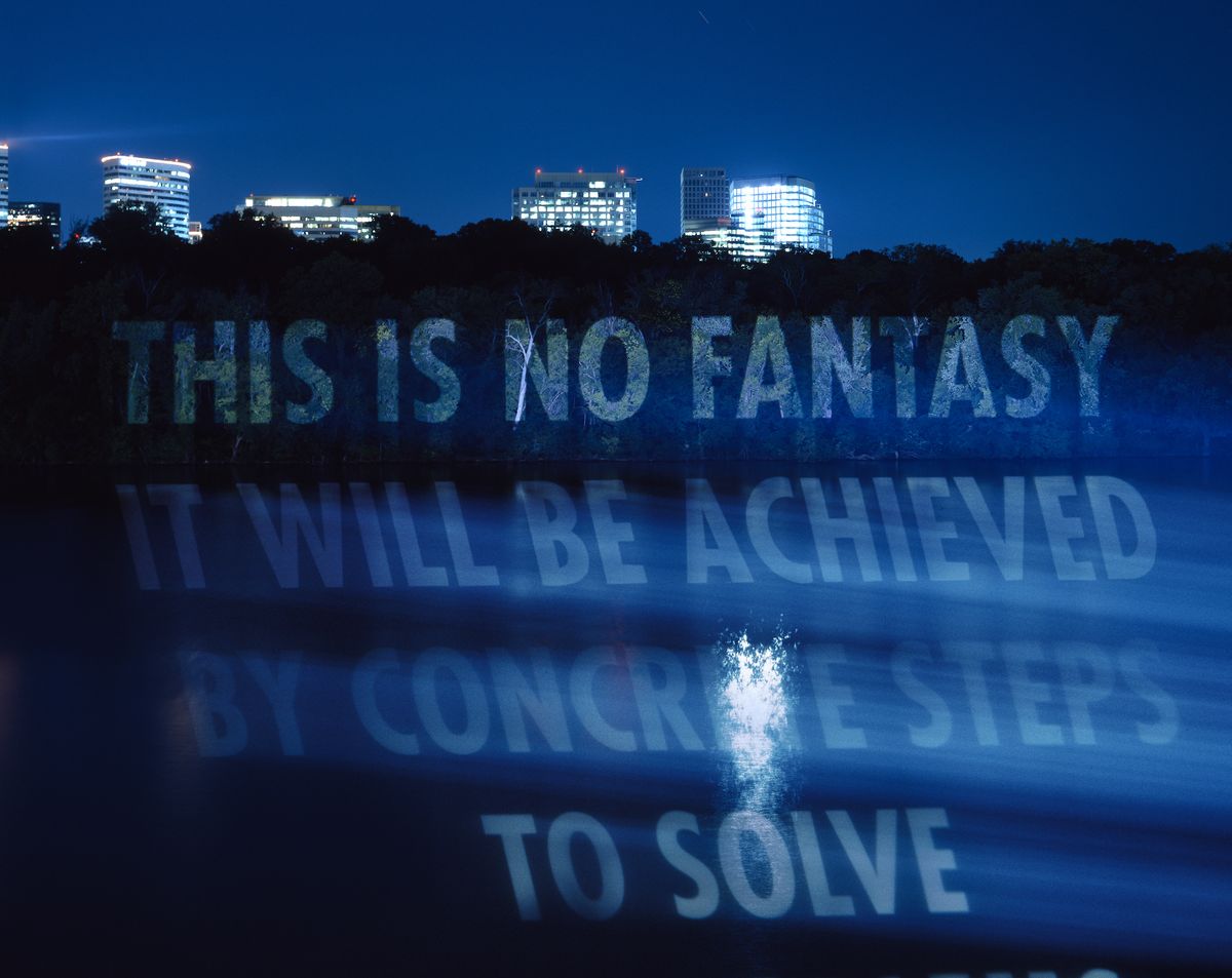 Jenny Holzer, For the Capitol, 2007. Light projection. Potomac River, Theodore Roosevelt Island, Washington, DC. Text: John F. Kennedy, address in the assembly hall at the Paulskirche, Frankfurt, June 25, 1963. © 2007 Jenny Holzer, member Artists Rights Society (ARS), NY
Photo: Attilio Maranzano