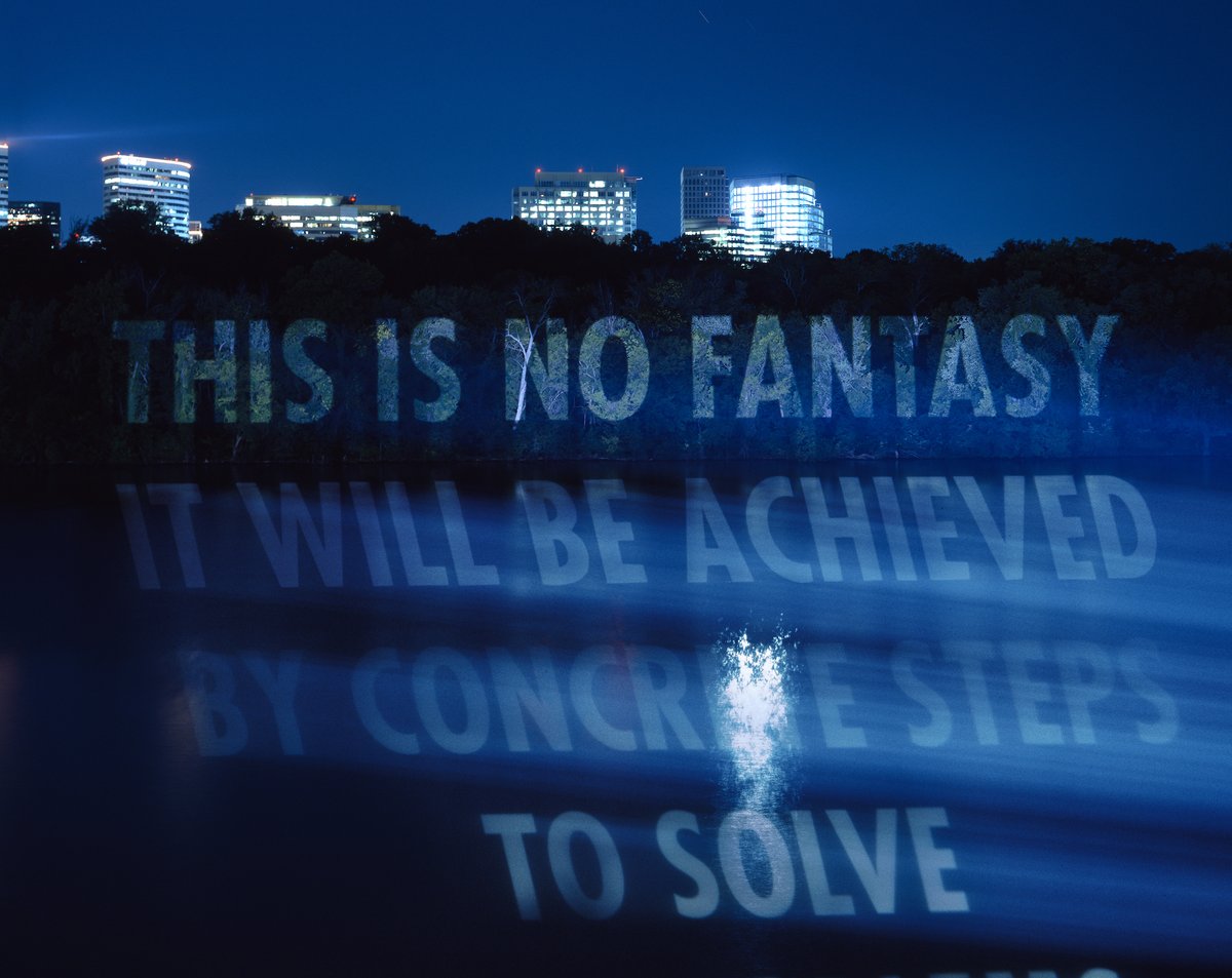 Jenny Holzer, For the Capitol, 2007. Light projection. Potomac River, Theodore Roosevelt Island, Washington, DC. Text: John F. Kennedy, address in the assembly hall at the Paulskirche, Frankfurt, June 25, 1963. © 2007 Jenny Holzer, member Artists Rights Society (ARS), NY
Photo: Attilio Maranzano