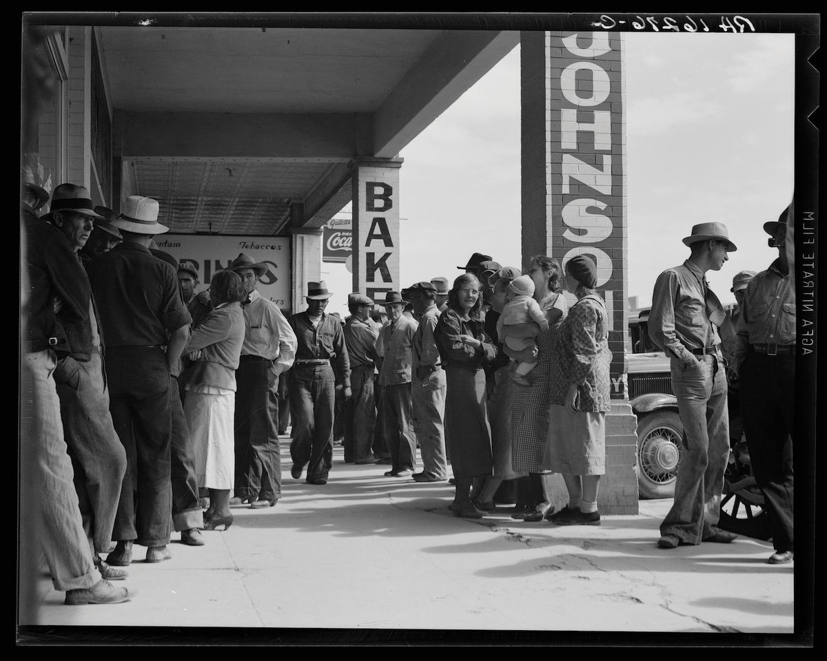 Californian workers waiting for relief cheques during The Great Depression in 1937—the IMF fears a similar economic crash due to Covid-19 Dorothea Lange, Waiting for relief checks, Calipatria, California, 1937. Courtesy of Library of Congress.