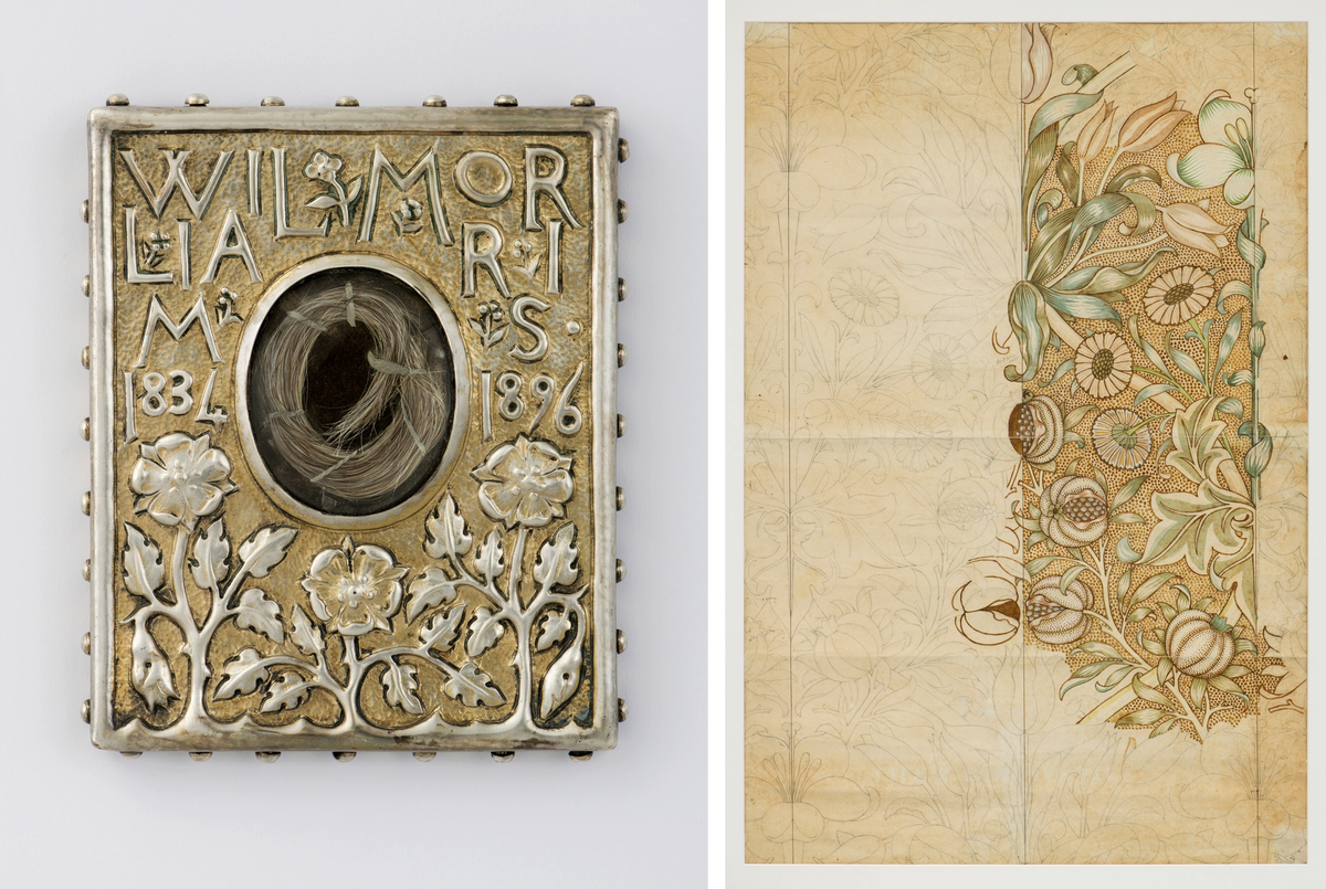 Left: Lock of William Morris's hair, Catterson-Smith, Robert and Philip Webb, 1896; Right: Lily & Pomegranate design, William Morris, 1886 © William Morris Gallery