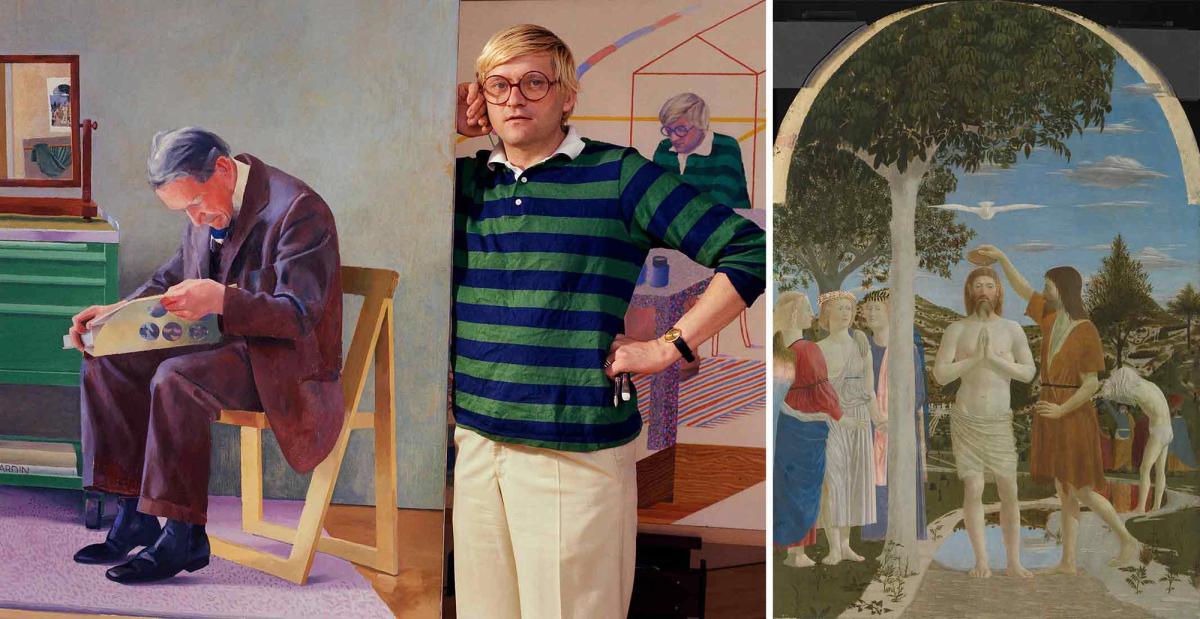 Left: David Hockney standing beside his painting My Parents (1977), in the same year that he created it, with Piero della Francesca’s The Baptism of Christ (around 1437–45) depicted in the mirror. My Parents: © David Hockney. Photo: Bern Schwartz
Right: A full view of The Baptism of Christ, housed in the National Gallery in London’s collection © The National Gallery, London