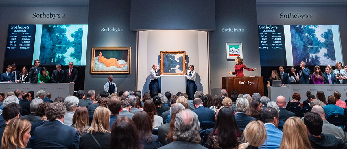 Helena Newman, worldwide co-head of Impressionist and Modern art for Sotheby's, presides over bidding for Monet's Matinée sur la Seine (1896) in the 14 May sale in New York Courtesy of Sotheby's
