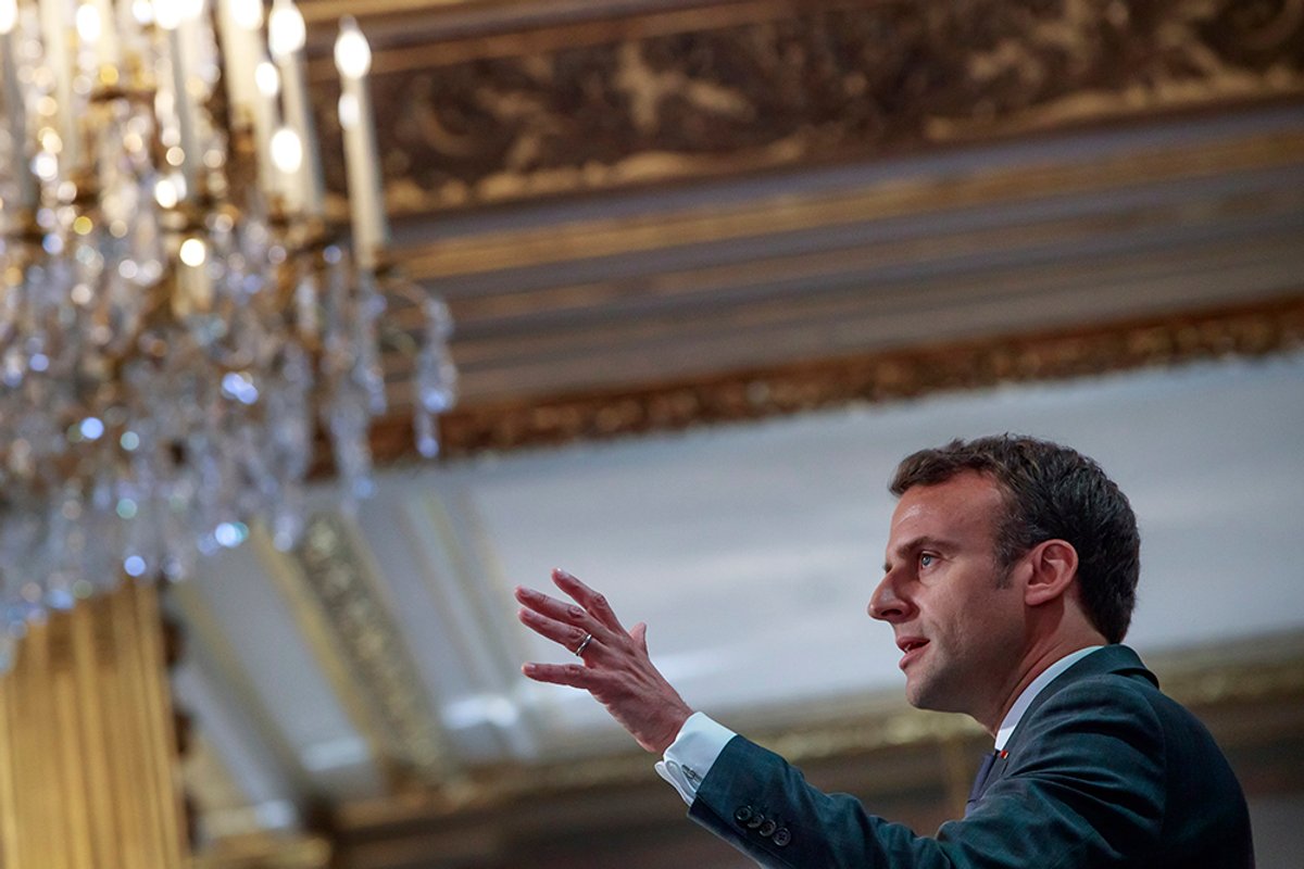 French President Emmanuel Macron addresses Paris Firefighters' brigade and security forces Christophe Petit Tesson, Pool via AP /Flickr