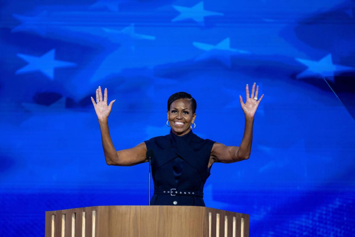 Former First Lady Michelle Obama arrives to speak on the second night of the Democratic national convention in Chicago on 20 August

Associated Press / Alamy Stock Photo