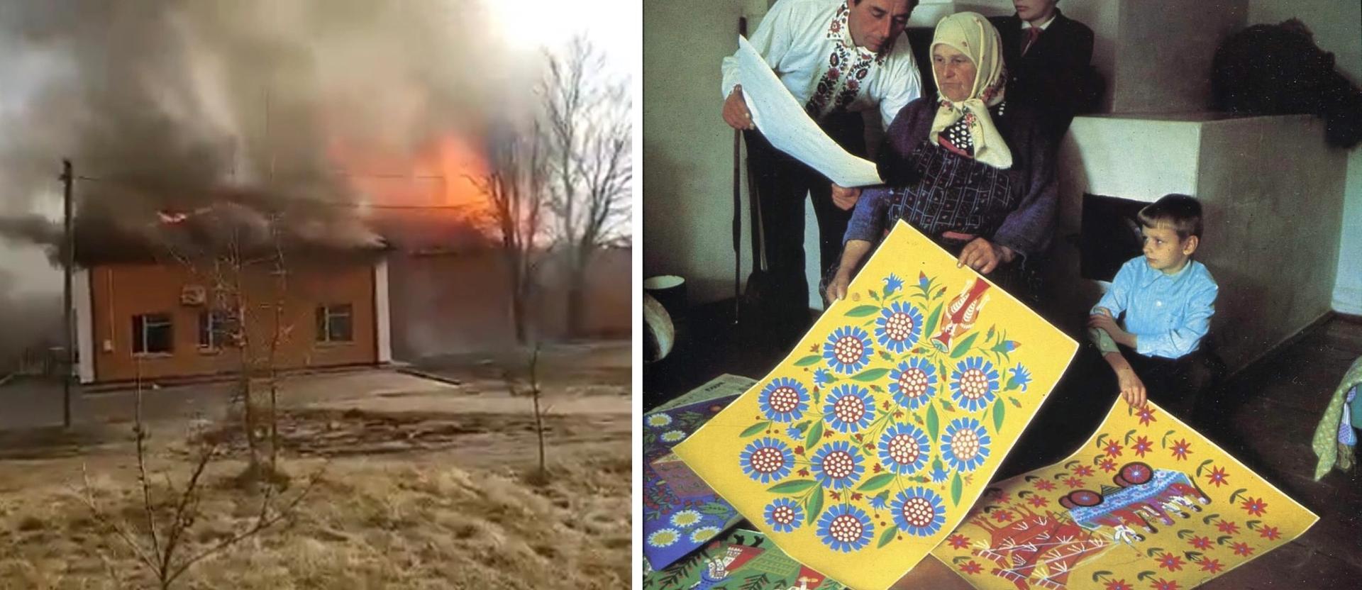 (L) Image from a video reportedly showing The Ivankiv Museum of Local History burning down. (R) Maria Prymachenko in 1970.