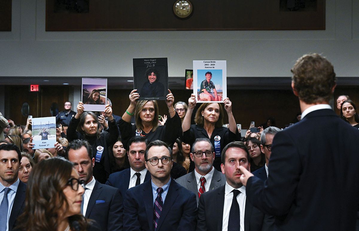 Mark Zuckerberg, chief executive of Meta, at a US Senate hearing on child sexual exploitation on 31 January, when he acknowledged families in the chamber who said their children had been harmed by social media. Meta recently announced that “political” content and “social issues” will be banned on its platform Photo by Matt McClain/The Washington Post via Getty Images