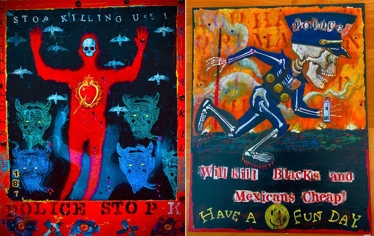 The two paintings by Diego Marcial Rios that led to the censorship of his exhibition at San Mateo City Hall, Spot Killing Us! (2020, left) and Will Kill Blacks and Mexicans Cheap! (2020, right) Courtesy the artist